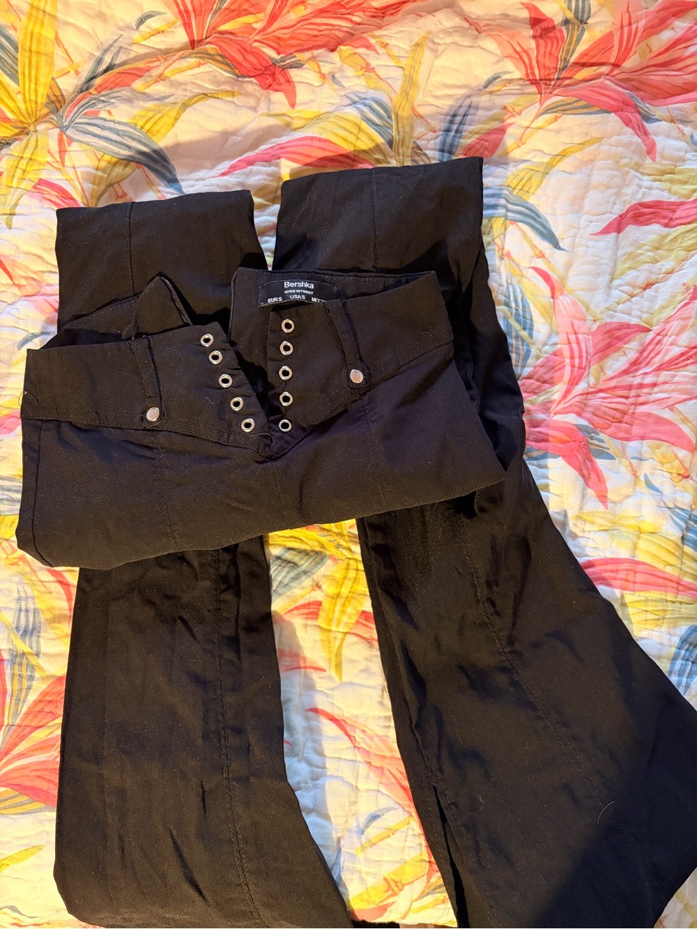 Bershka Black Boot Cut Pants with Button-Front Detail
